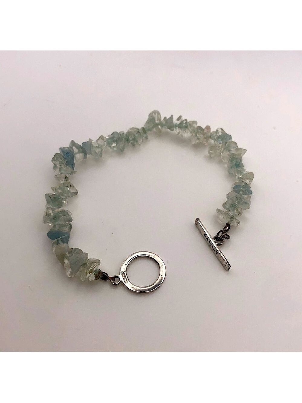 Vtg Sterling & Aquamarine Stone Beaded Bracelet w ‘ Family ‘ Toggle Clasp 7”